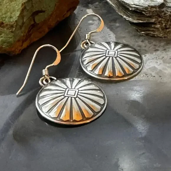 Native American Sterling Sunburst Round Concho Stamped Dangle Earrings For Women - Picture 3 of 10